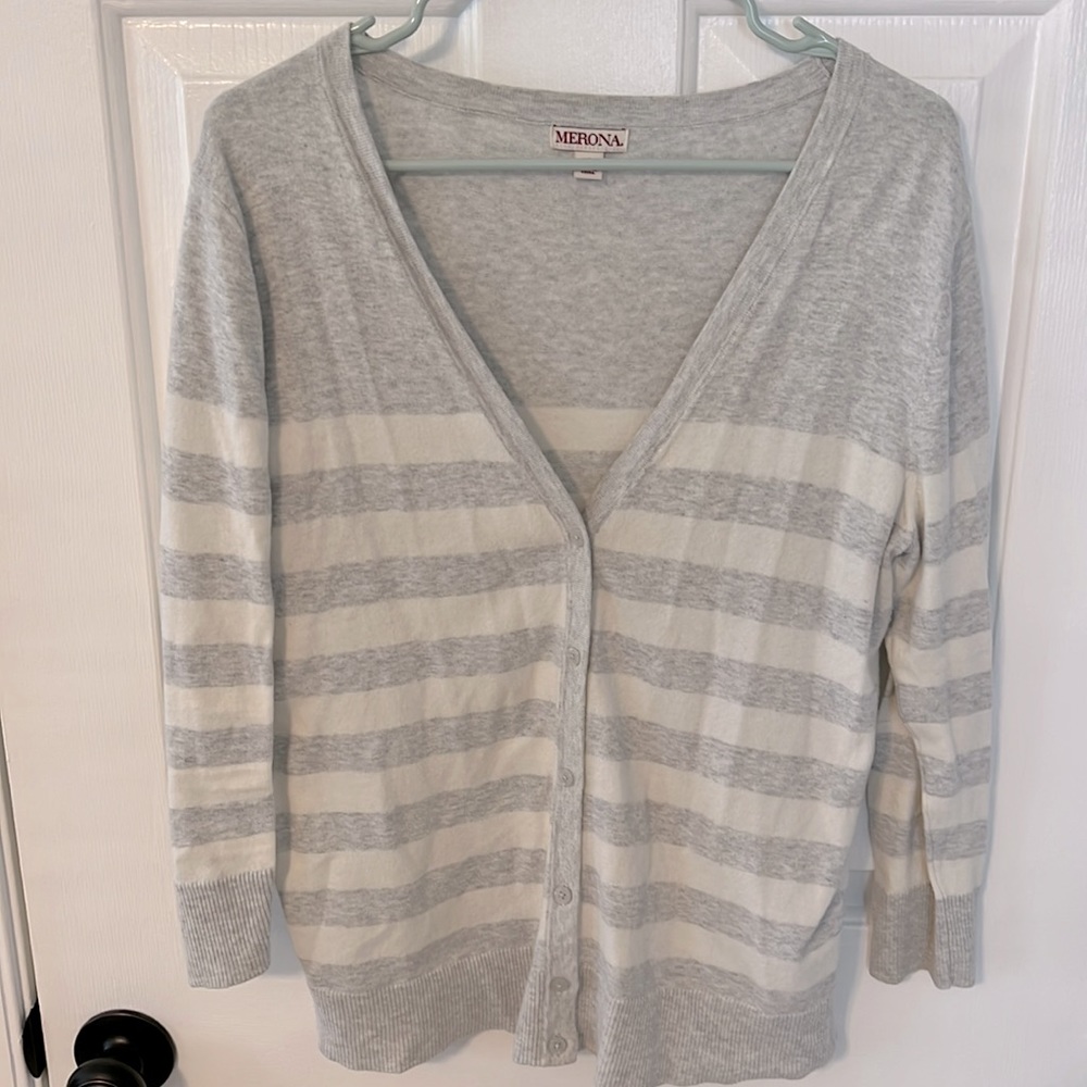 Merona (L) grey and cream striped cardigan